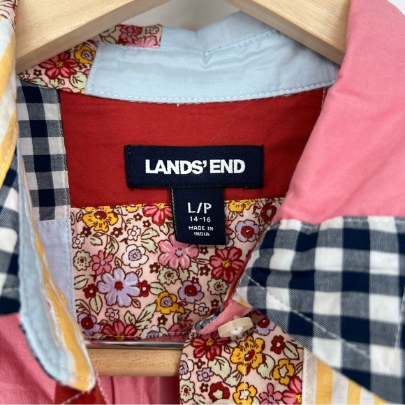 Lands' End Red Pink Casual Button Down Shirt Patchwork Poplin Boyfriend Quilt - Picture 4 of 10
